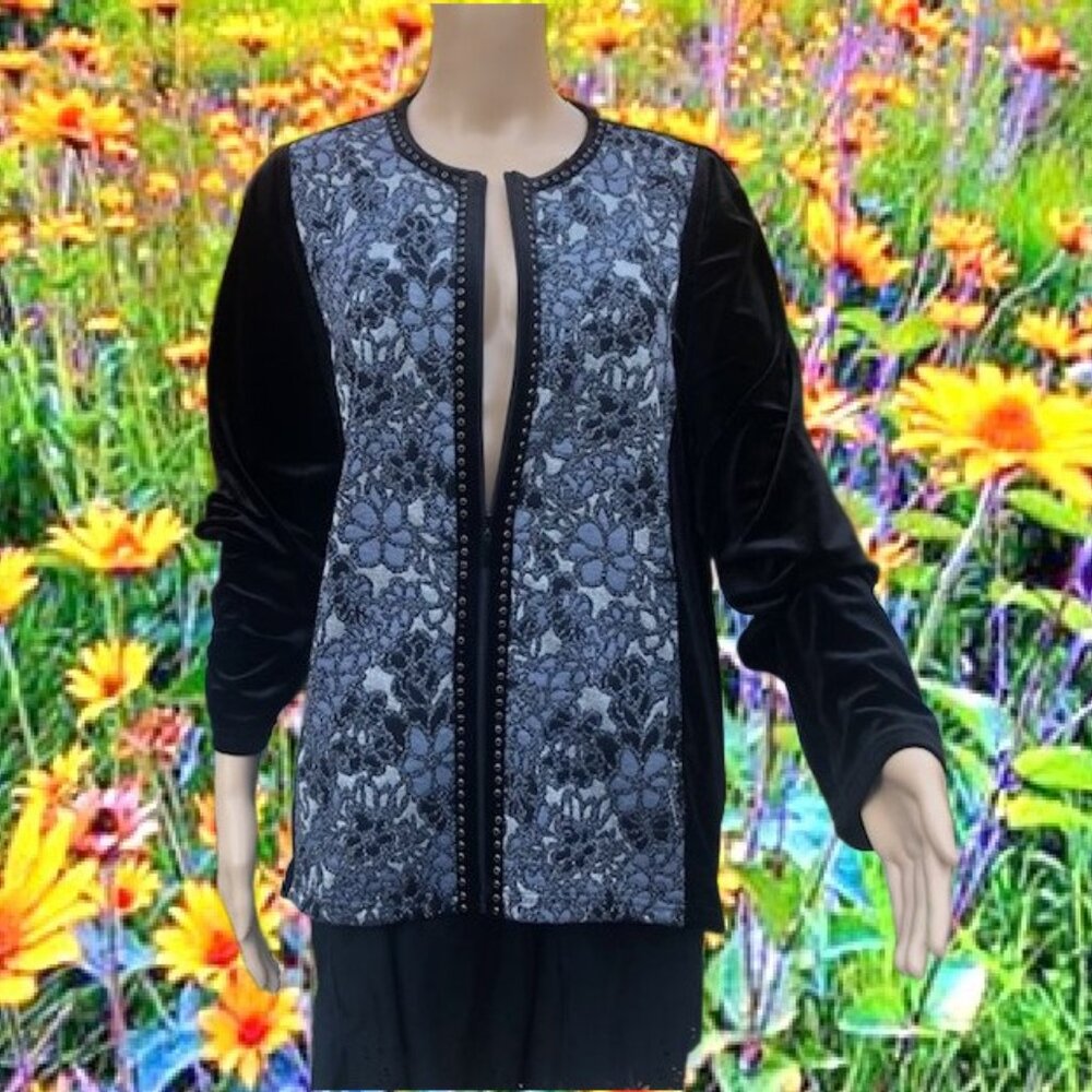 EIGER WEGER Vintage Black Velvet Silver Floral Front Zip-up Cardigan Sz 3X